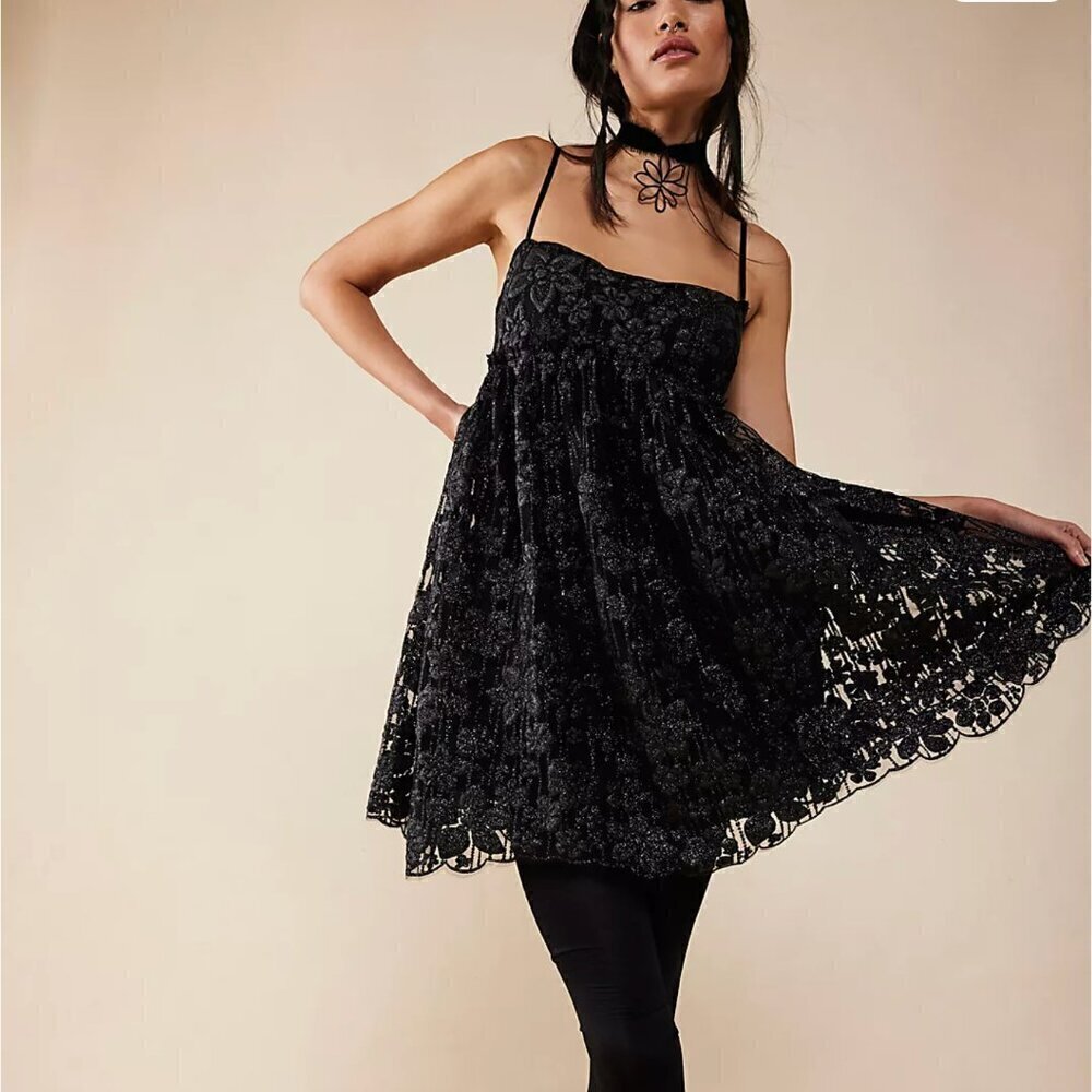 NWOT Free People All That Glitters Mini Dress Black Floral Sz S